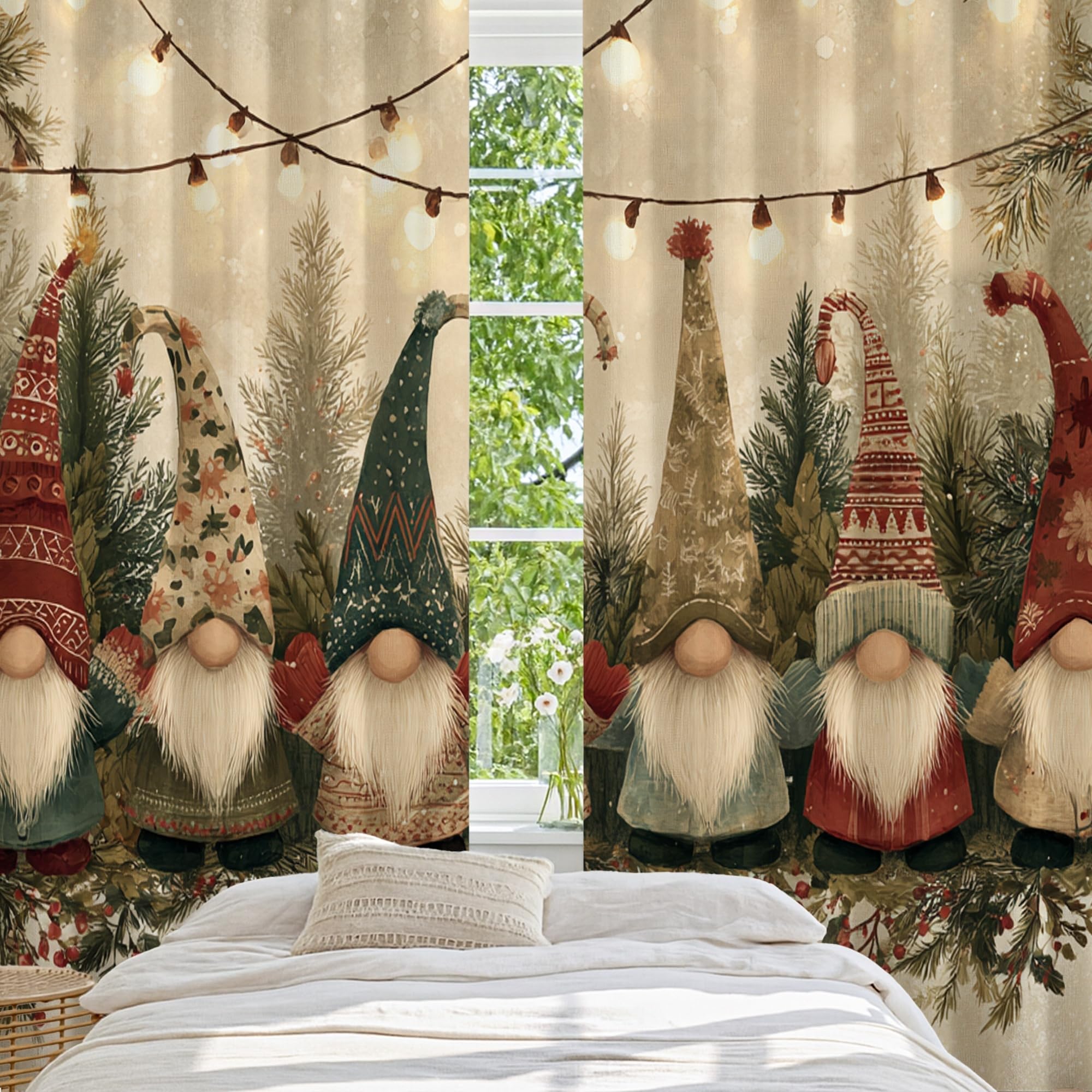 Verdunklungsvorhänge mit Zwerg, festlich, fantasievoller Weihnachtsbaum, Lichterkette, Weihnachtsgrün, maschinenwaschbar, Fenstervorhänge für Schlafzimmer, Kinderzimmer, Dekoration, 132 x 244 cm