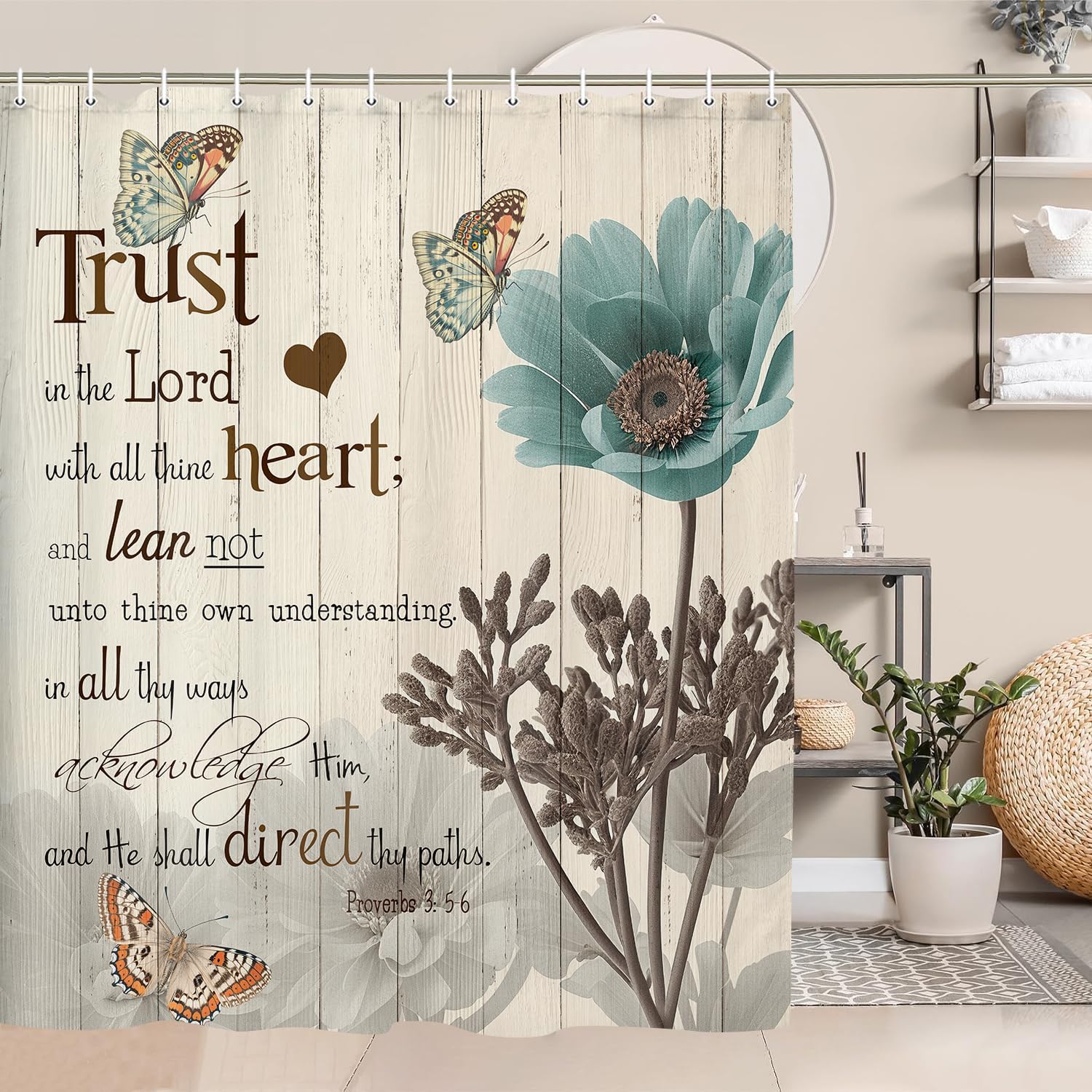 Rustic Elegant Teal Tulip Shower Curtain, Bible Verse Inspirational Motivational Quote Fabric Shower Curtain Set, Polyester Vintage Farmhouse Floral Bathroom Accessory with Hook 72X84Inch, Beige