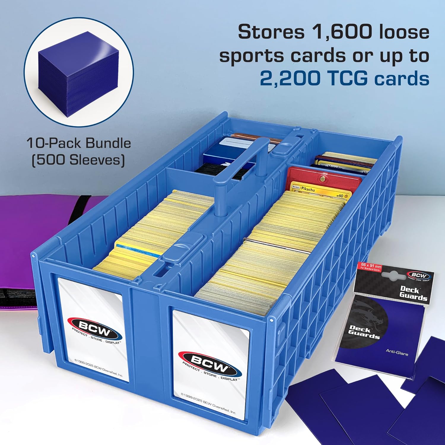 BCW 1600 Card Bin & 500 Deck Guard Sleeves – Blue | Holds 1,600+ Cards | Stackable Storage Bin | Anti-Glare Sleeves