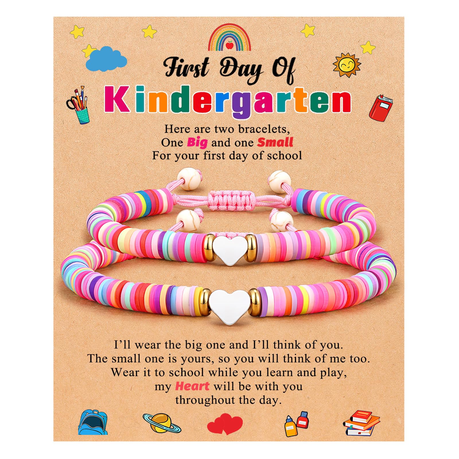 First Day of Kindergarten/Pre K/School Mother Daughter Bracelets Matching Heart Wish Bracelet Set for 2 Gifts