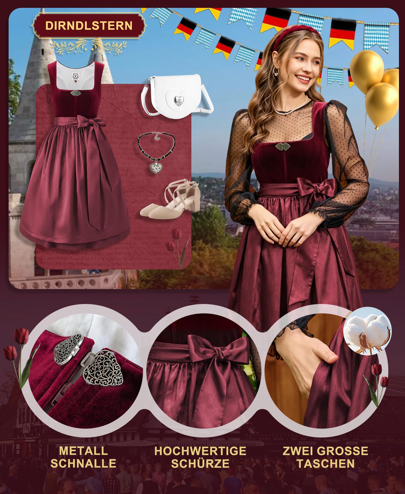 DIRNDLSTERN Damen Rot Trachtenkleid - Midi Oktoberfest Outfit Samt Dirndlkleid mit 60 cm Dirndlschürzen