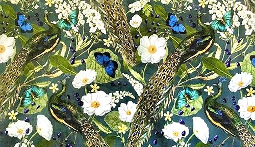 Miniatura 4 de Material de terciopelo de pavo real vendido por metro, tela con patrón de flores de mariposa, ideal para tapicería, almohadas, manualidades, color