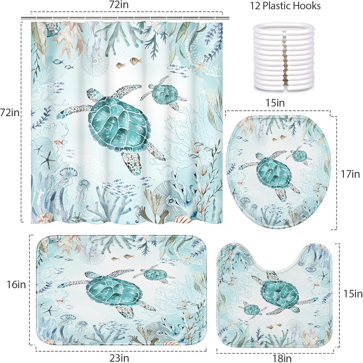 4 Piece Shower Curtain Set, Sea Turtle Waterproof Bathroom Set Accessories with Non-Slip Rugs, Toilet Lid Cover Bath Mat and 12 Hooks, Underwater Coral Starfish Animal Home Decor 72" x 72"