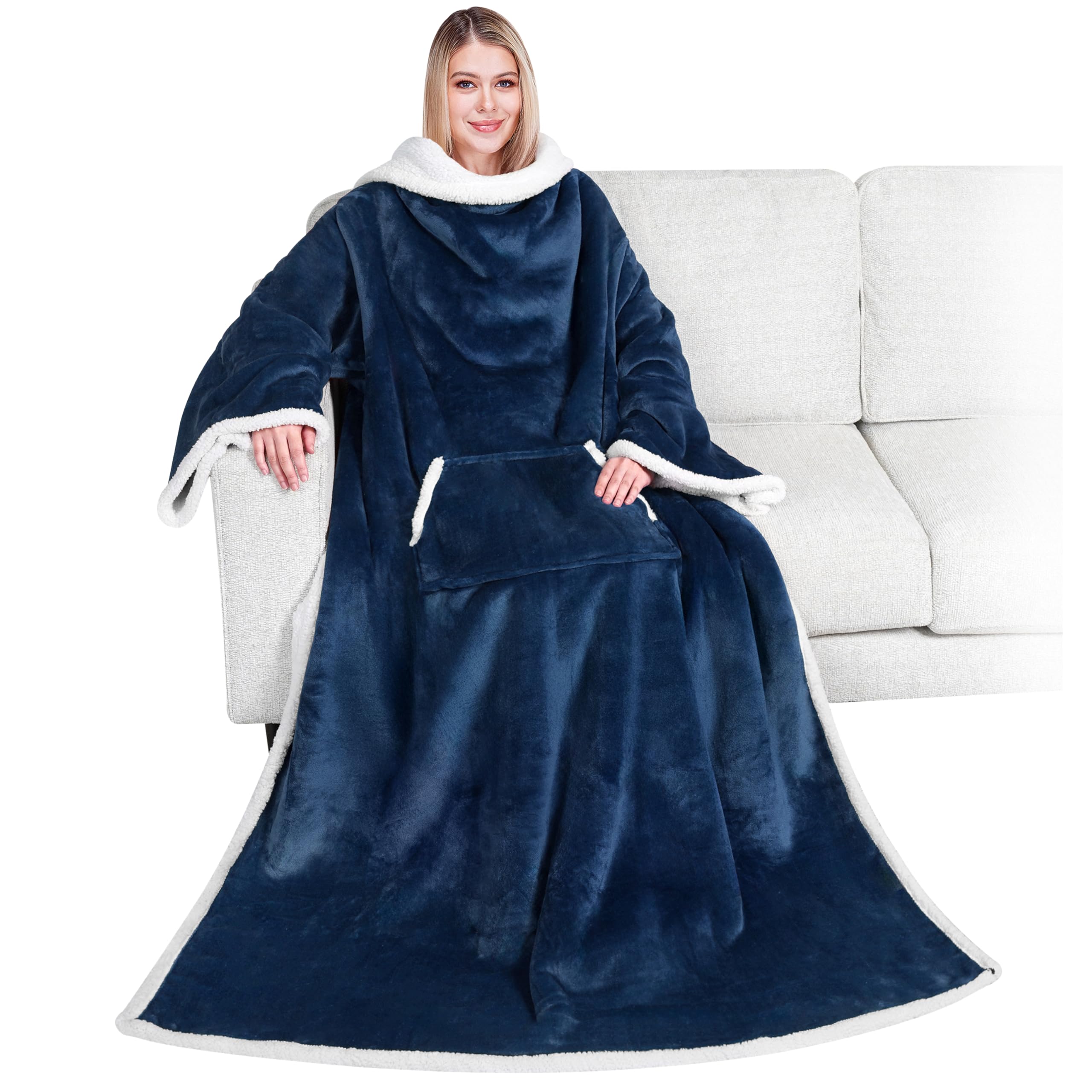 PAVILIA Sherpa Wearable Blanket with Sleeves and Pocket, Plush Thick Cozy Body Blanket Wrap for Adult Women Men, Christmas Gift for Wife Mom, Navy Blue