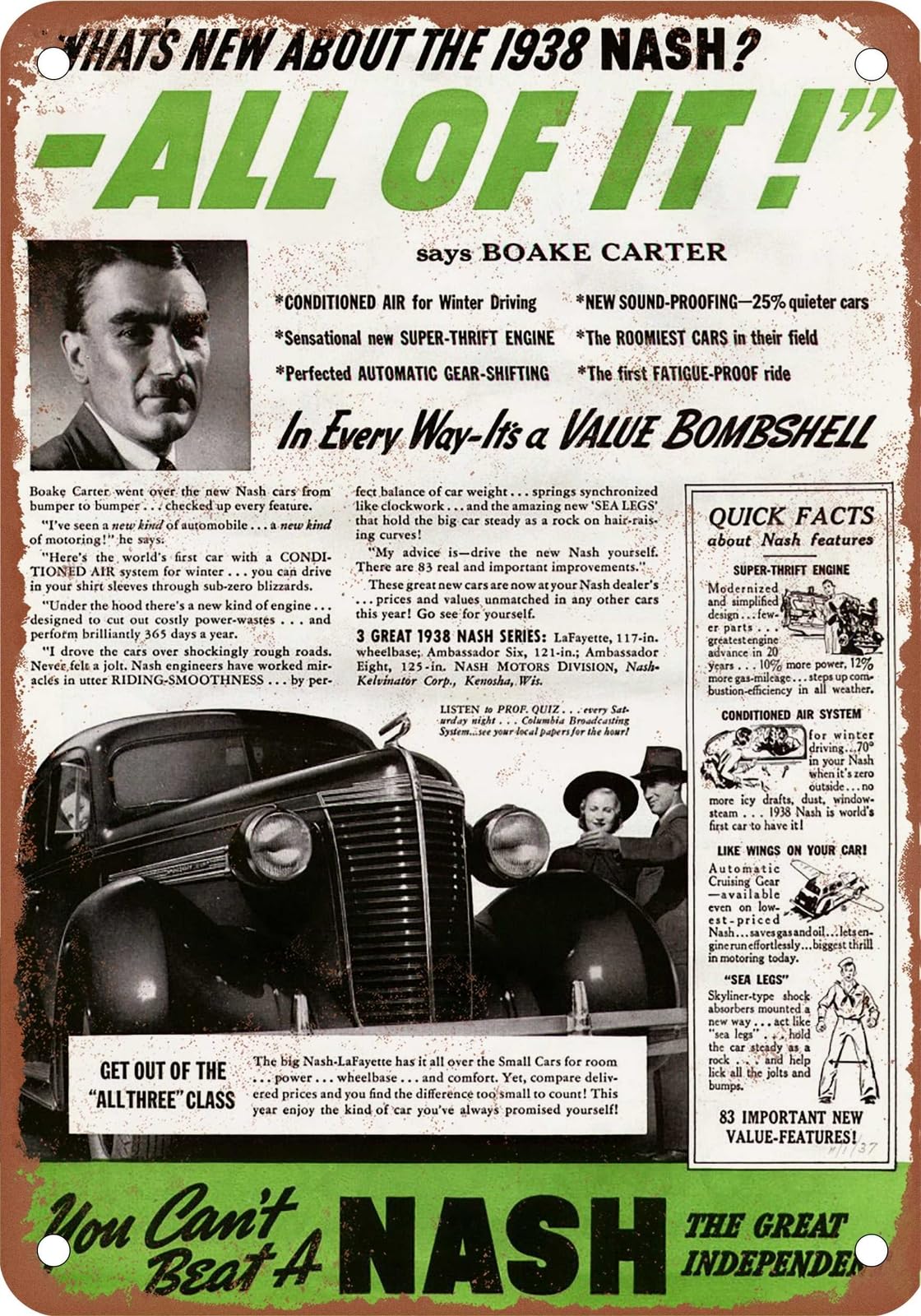 METAL SIGN - 1937 Nash Vintage Ad 01 - Old Retro Rusty Look home decor