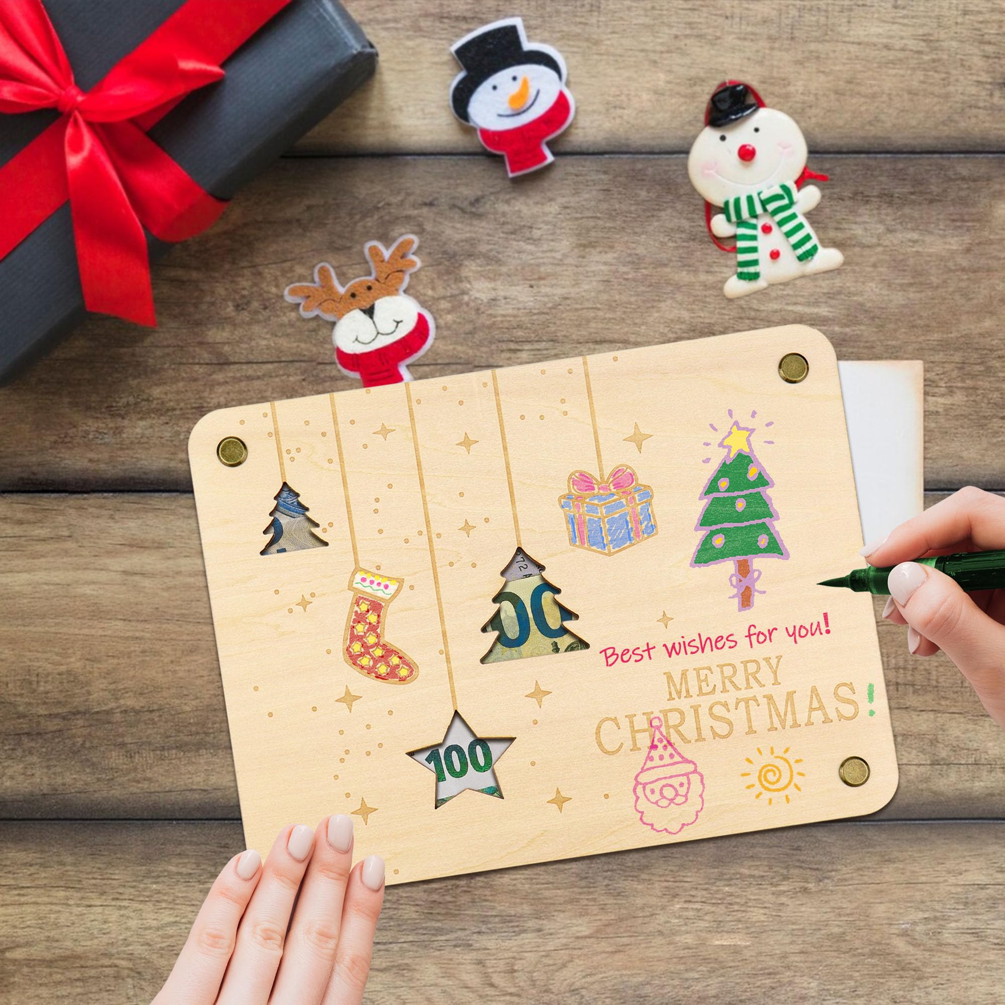 TAKULA Regalos de madera Navidad Dinero Regalo,Regalos de Dinero Embalaje,Tarjetas de felicitación de Navidad|Feliz Navidad