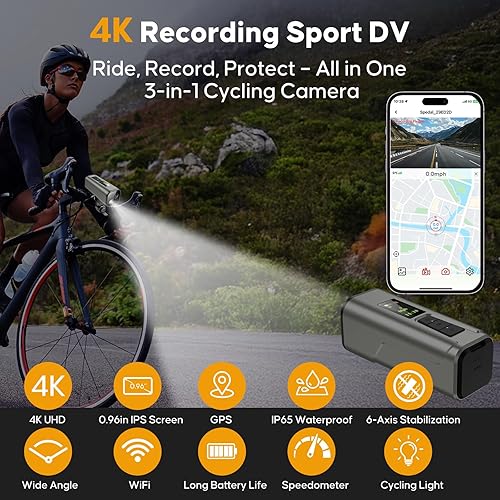 Miniatura 9 de 4K 30fps Sport DV, grabadora GPS, cámara WiFi para bicicleta con velocímetroodómetro, cámara de acción inalámbrica con tarjeta de 64 GB, monitor