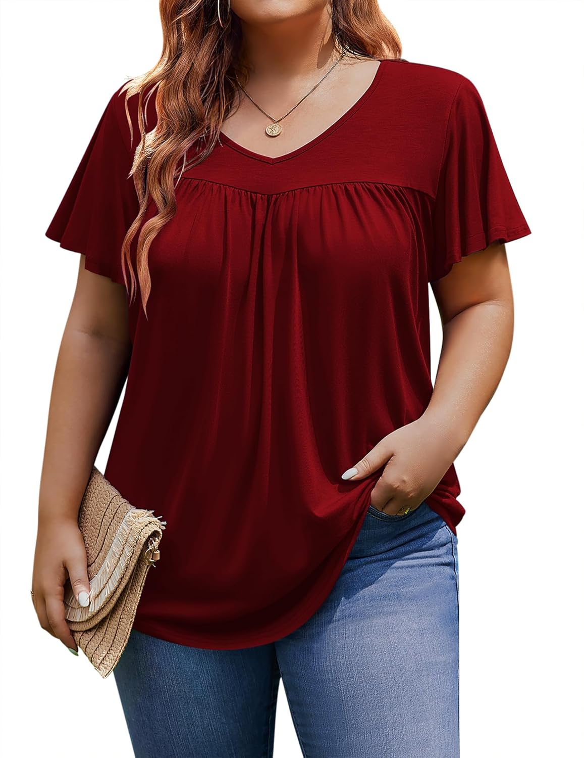 IN'VOLAND Womens Blouses Ruffle Short Sleeve V Neck Tunic Top Lightweight Flowy Tee Shirt Business Office Tshirt Wine Red