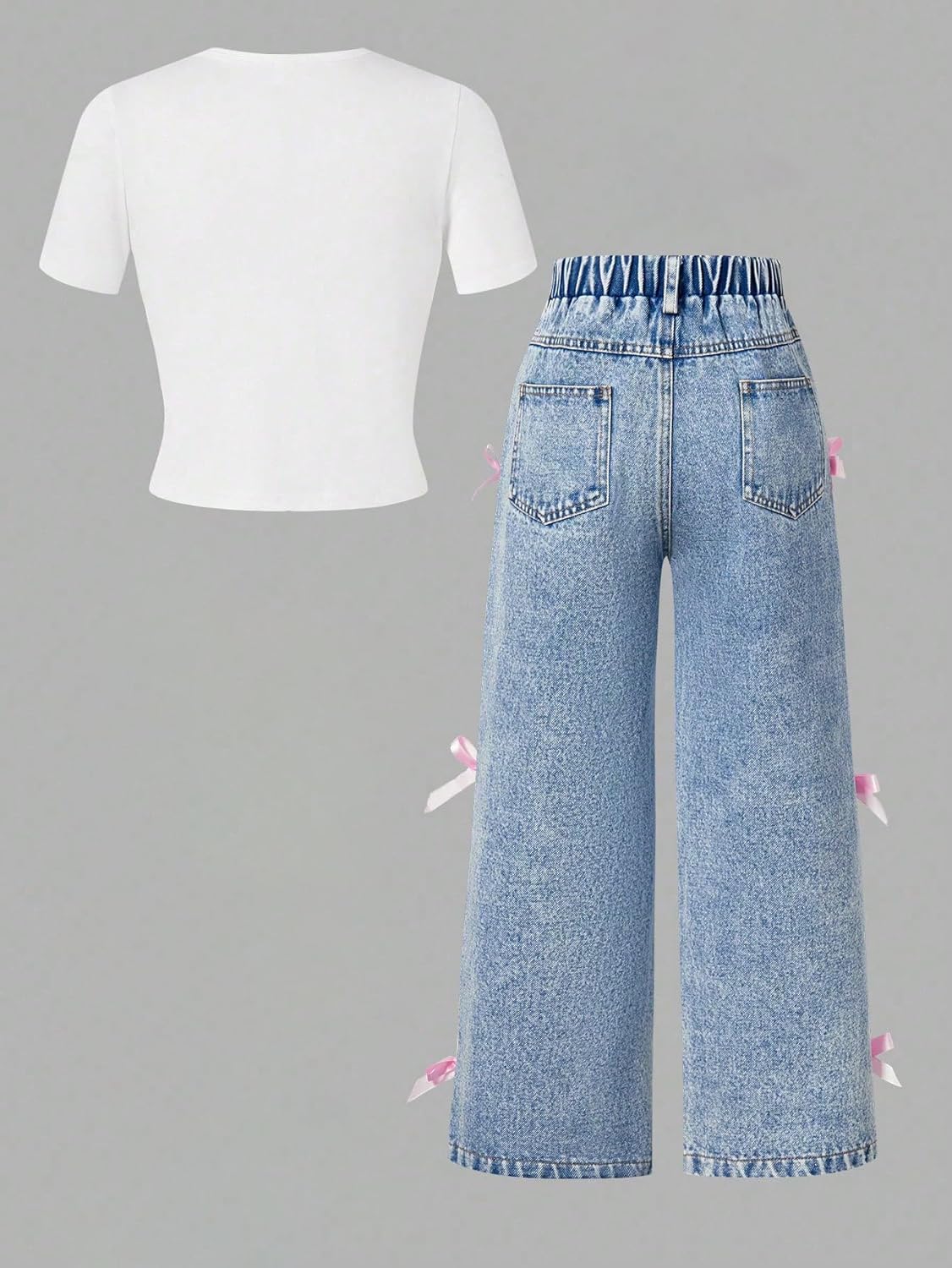SOLY HUX Girl's 2 Piece Outfits Cute Bow Graphic Short Sleeve T Shirt and Jean Pants Set Streetwear Multicoloured 10Y - Image 2