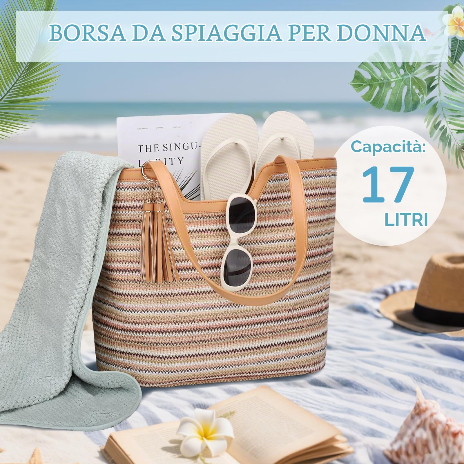 VASCHY Borsa Mare Paglia,Borsa Spiaggia Donna Grande Impermeabile Viaggio Estiva