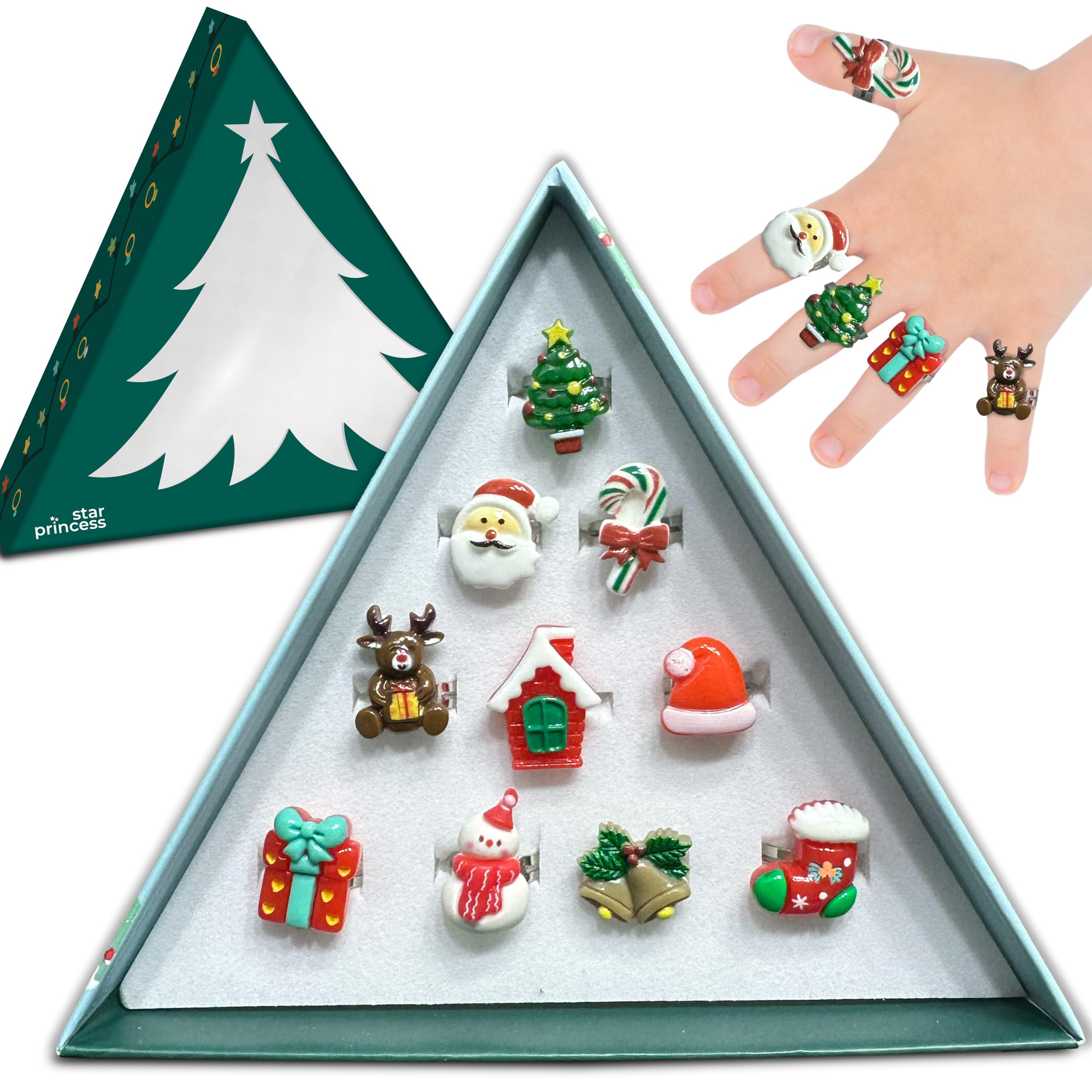 Christmas Stocking Stuffers Jewel Rings for Kids Set of 10 Christmas-Themed Adjustable Holiday Dress Up Rings for Girls in Christmas Tree Gift Box Gift for Girls Age 3 4 5 6 7 8