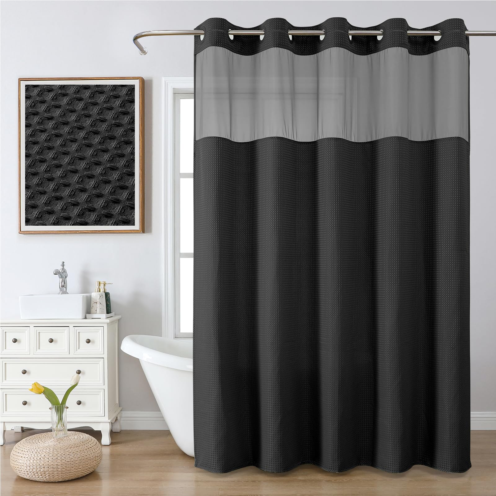 FY&XZH No Hook Waffle Weave Shower Curtain with Mesh Top Window, Shower Curtain with Laminated Waterproof Backing for Bathroom, Machine Washable, Hotel Style Fabric, 72W x 75H, Black