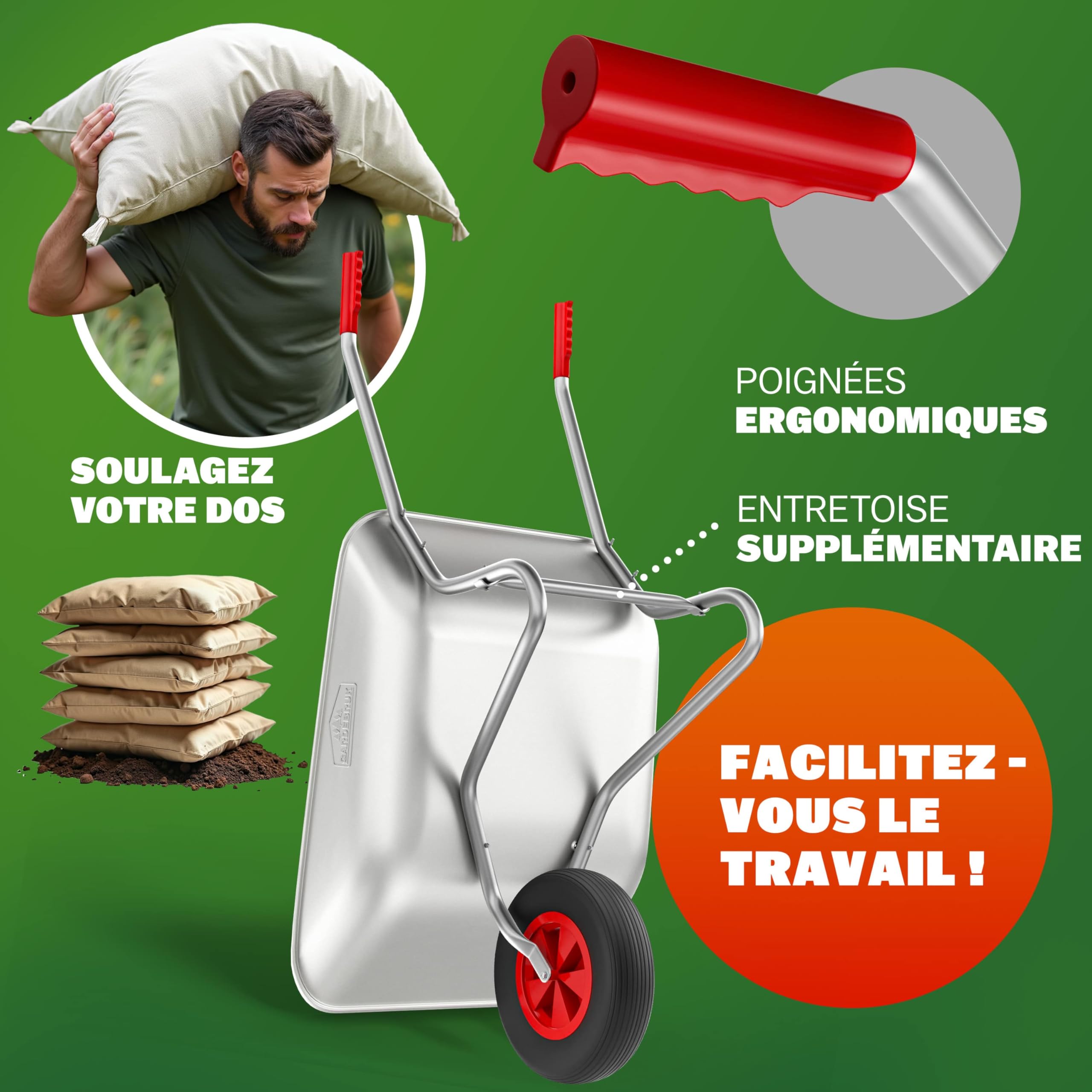 GARDEBRUK® Brouette 80L Max. 100kg galvanisée poignée Caoutchouc brouette Jardin brouette de Chantier Jardinage Chariot de Transport Roue de brouette pneumatique outils jardinage