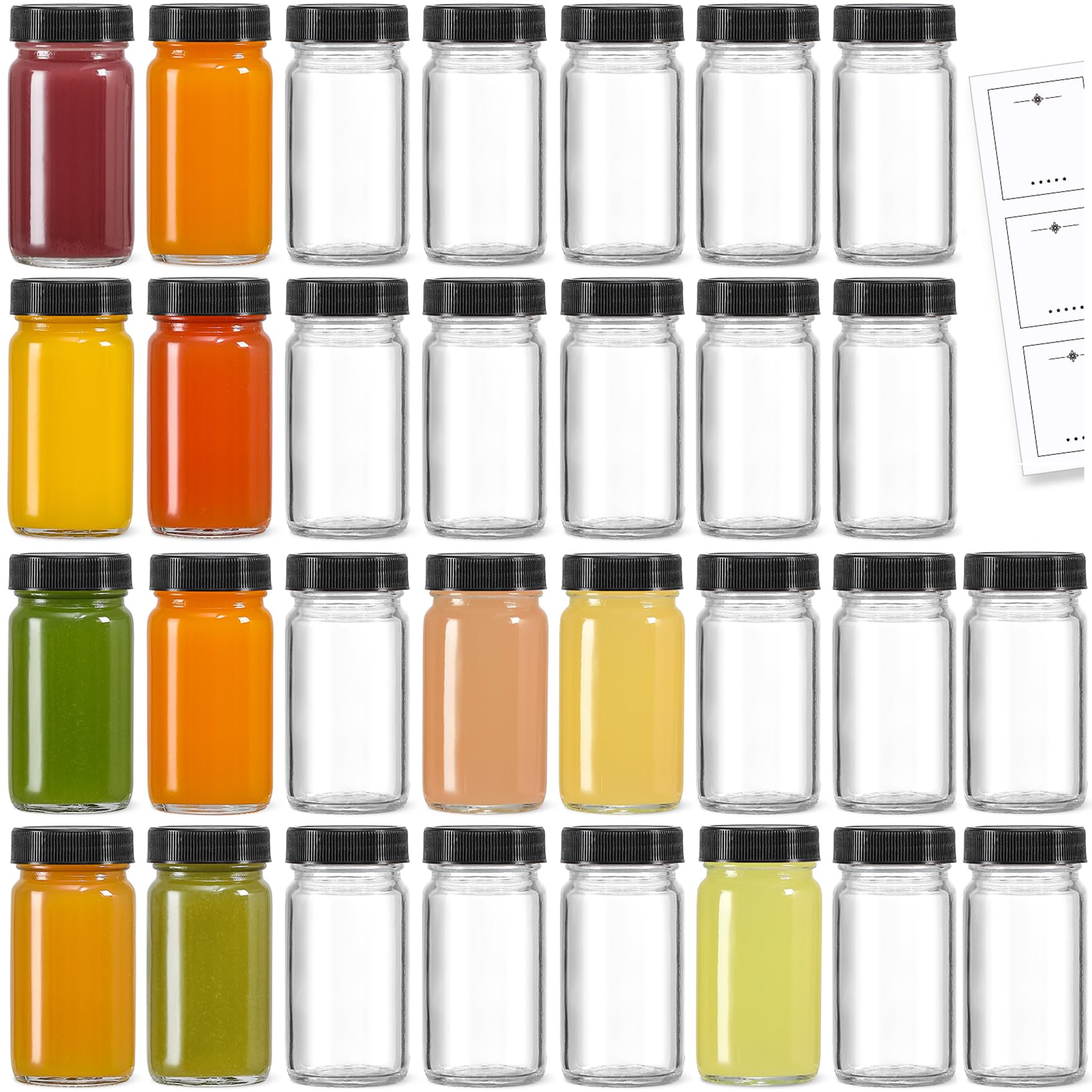 30 Pack 2 oz Glass Shot Bottles w/ Black Lids & 30 Labels - Small Clear Jar for Ginger, Wellness Shot, Juice, Sample, Whiskey - Travel Essentials Mini