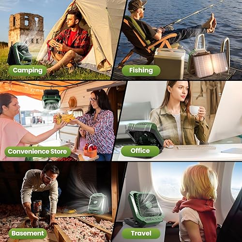 Miniatura 9 de Ventilador portátil recargable de 26800 mAh con panel solar desmontable de 18 W, ventilador silencioso de campamento inalámbrico con linterna LED, 3