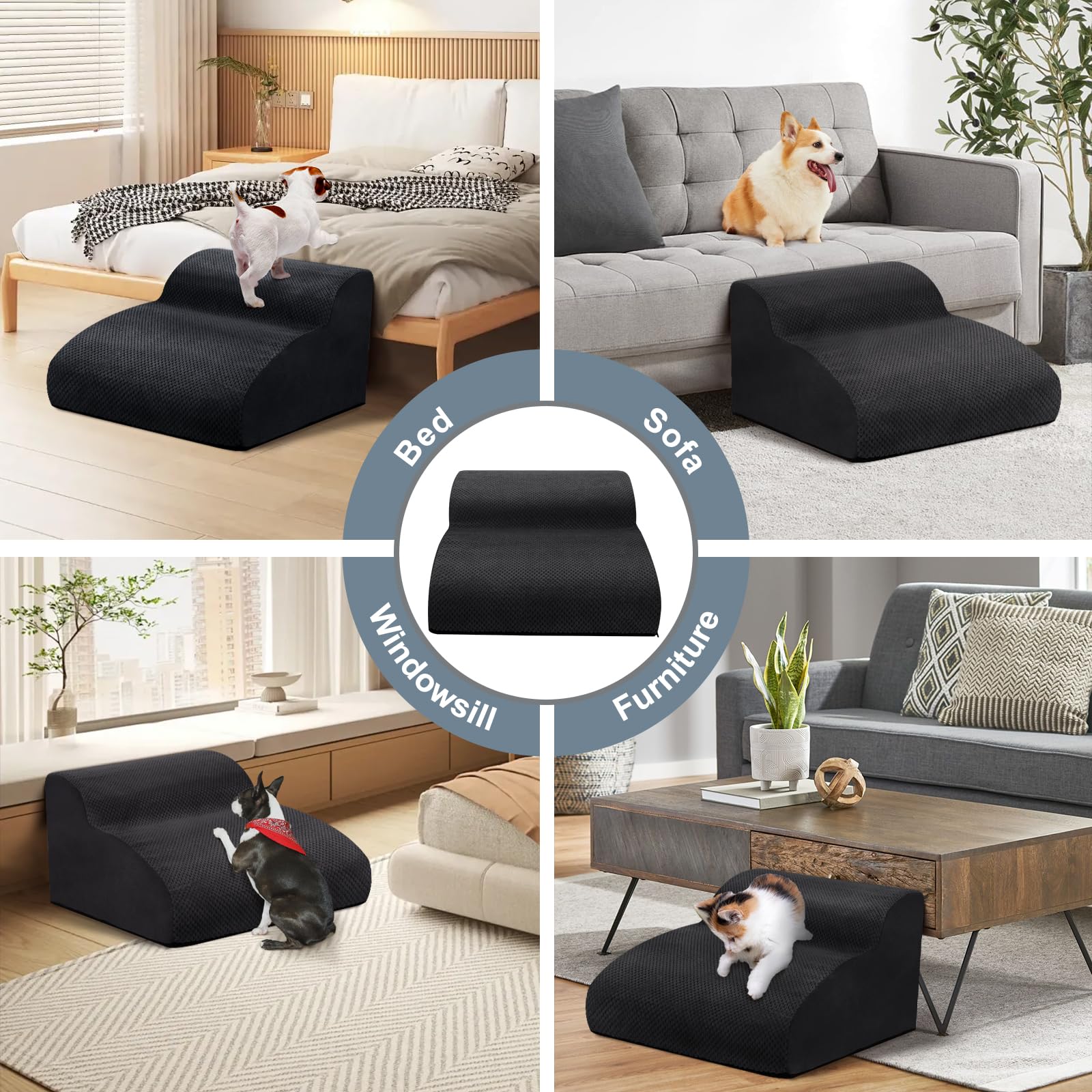 Scaletta per Cani 2 Gradini, Rampa Antiscivolo Con Copertura Rimovibile per Animali Domestici, Scala per Gatti per Divano e Letto, Regala Rullo Togli Peli Animali, Nero