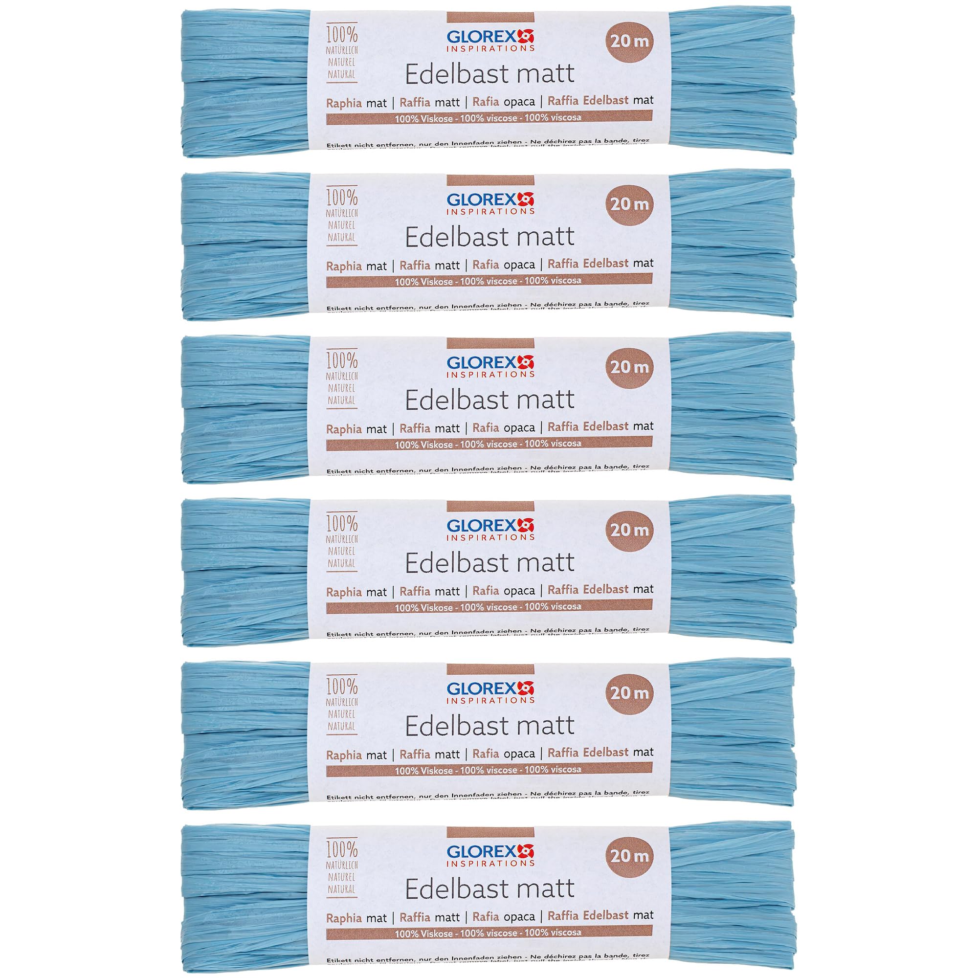 GLOREX 6 9400 507K Raffia Edelbast, 6 Bundles Each 20 m Matte Raffia, Light Blue - for Crafts, Decoration or for Arrangements, Bouquets and Other Floristry Works