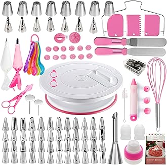Cake Decorating Kit,137pcs Cake Decorating Supplies with Cake Turntable for Decorating,Pastry Piping Bag,Russian Piping Tips Baking Tools, Cake Baking Supplies for Beginners(Pink)
