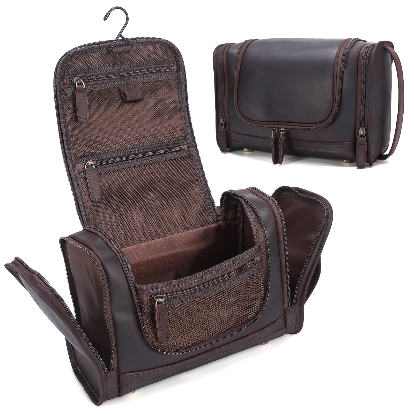 Polare Full Grain Leather Toiletry Bag Travel Dopp Kit Makeup Cosmetic Organizer Shaving Kit Wash Case with Hanging