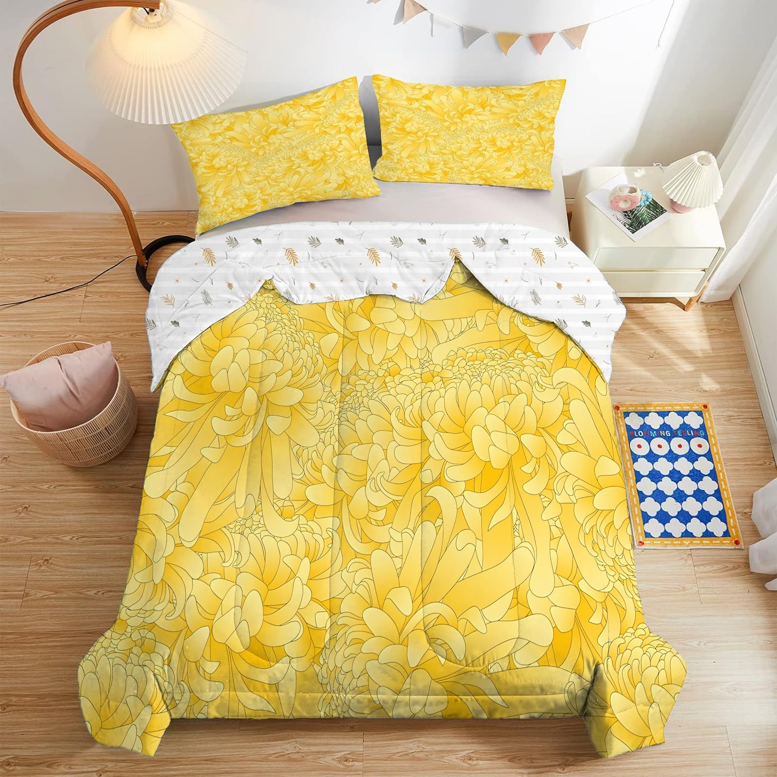 Couette 220x240 Sans Housse Floraison de Chrysanthèmes - Duvet 2 Personnes, Couette Imprimée Fleurs , Légère 4 Saisons, anti acariens, Lavable en Machine, Édredon avec 2 Taies 65x65 cm, Jaune Soleil