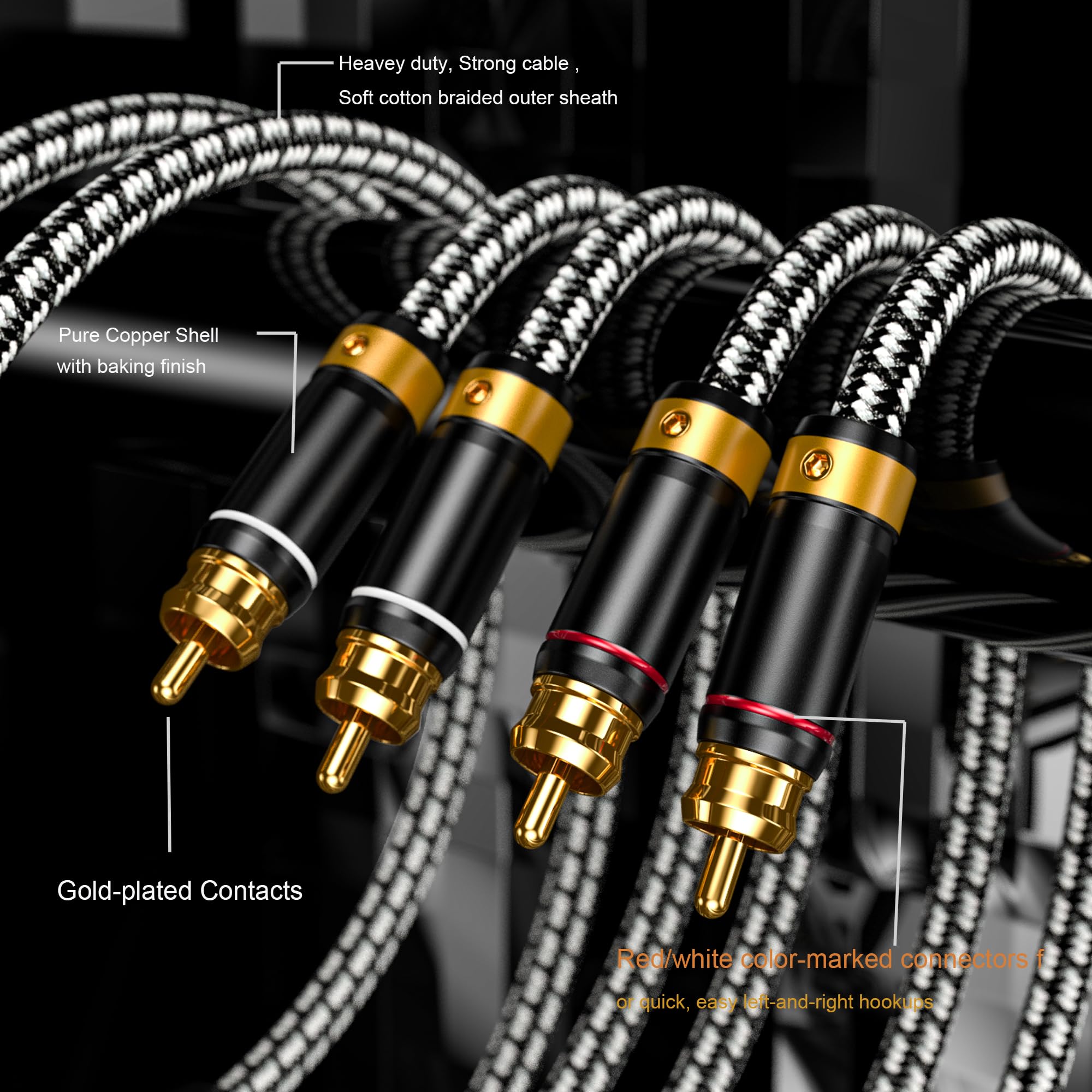Veimeitk 2 RCA to 2 RCA Audio Cable Silvered-Plated OFC Core 24K Gold-Plated Pure Copper Shell Braided for Home Theater HDTV Amplifiers Hi-Fi Systems Speakers and More (3.2FT/1m)