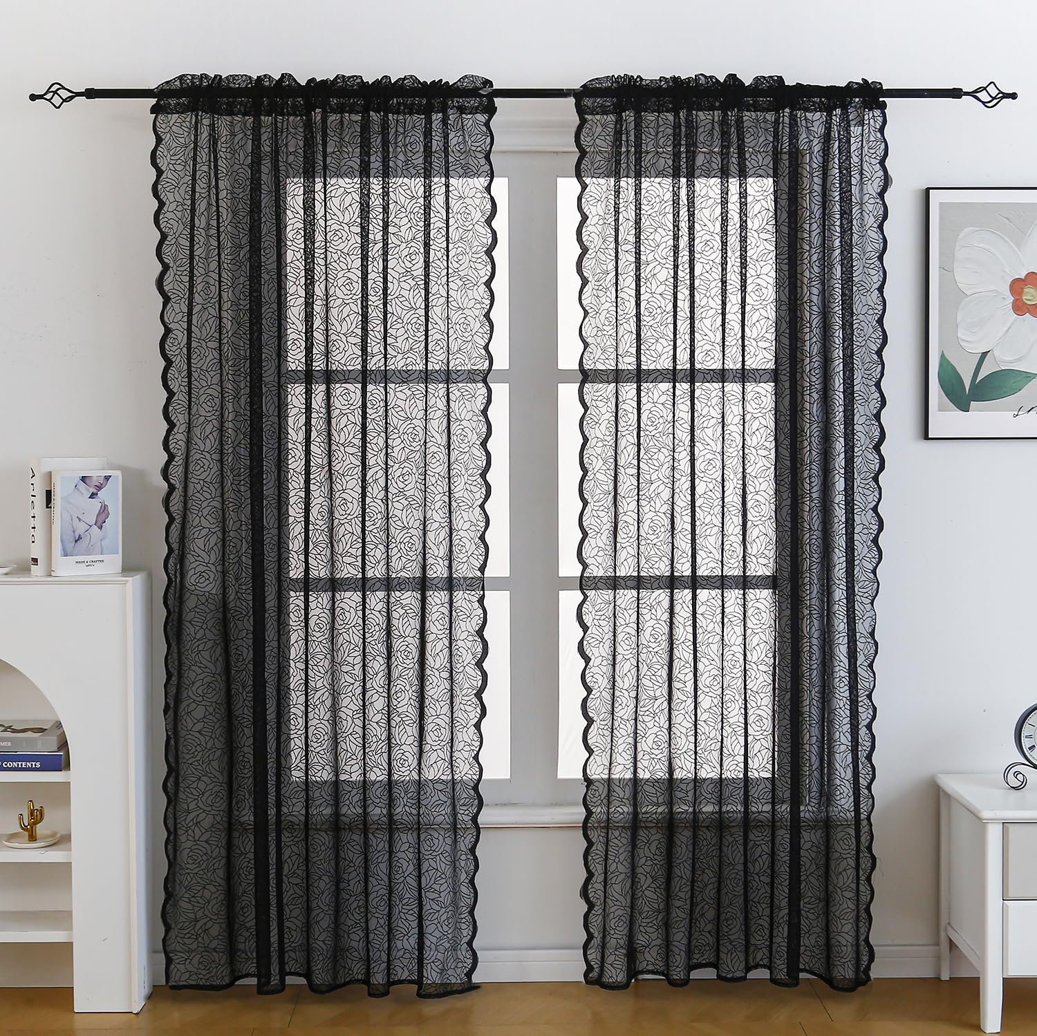 Taisier Home Black Lace Curtains 96 inches Length Elegant Vintage Floral Sheer Curtain Panels for Halloween Luxury Gothic Curtains for Bedroom Witchy/Goth Room Decor, 58 x 96,Rod Pocket, 2 Panels Set