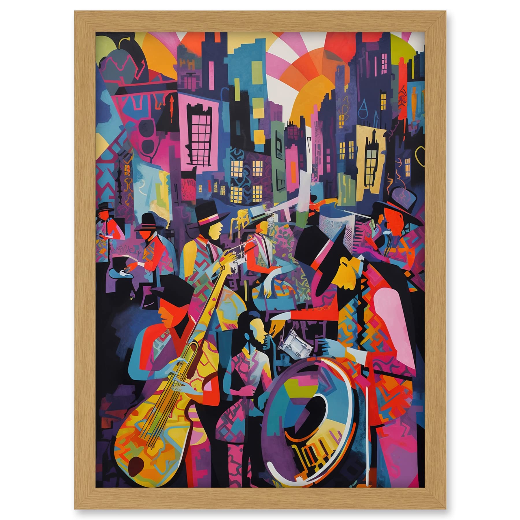Artery8 New Orleans Jazz Festival Street Musicians Playing Music City at Sunset Abstract Modern Painting Artwork Framed A3 Wall Art Print