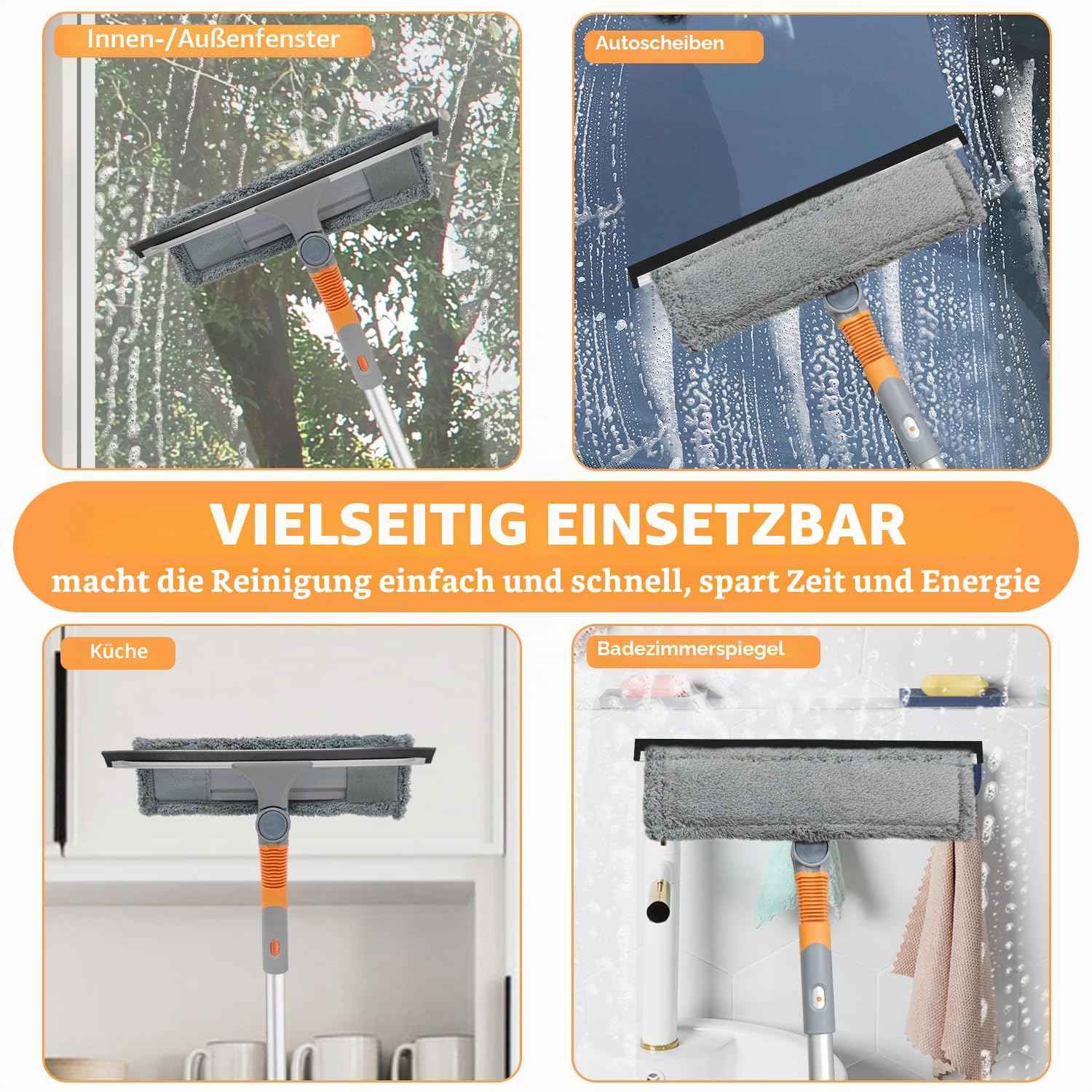 Tendak Fensterwischer mit Teleskopstiel, 3 in 1 Professioneller Fensterabzieher Teleskop Fensterputzer von 23cm bis 200cm Fensterreiniger Glasreiniger für Hohe Fenster im Innen und Außen Dusche Glas