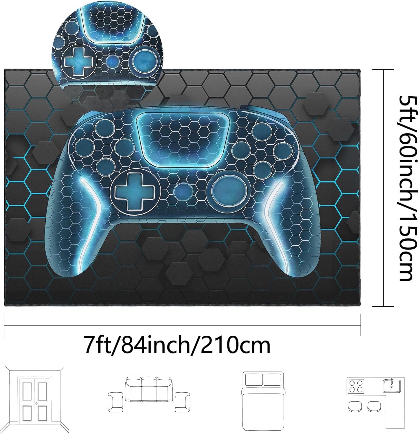 Gamer Rug for Room,5x7 ft Non-Slip Blue Gaming Rugs for Bedroom Living Room and Game Space Decor