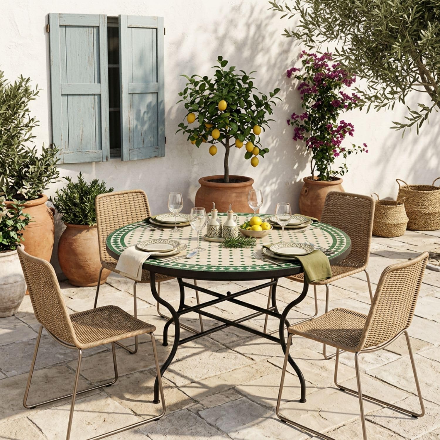 Tavolo a mosaico marocchino Marrakech, in ceramica, 120 cm, colore: beige/verde