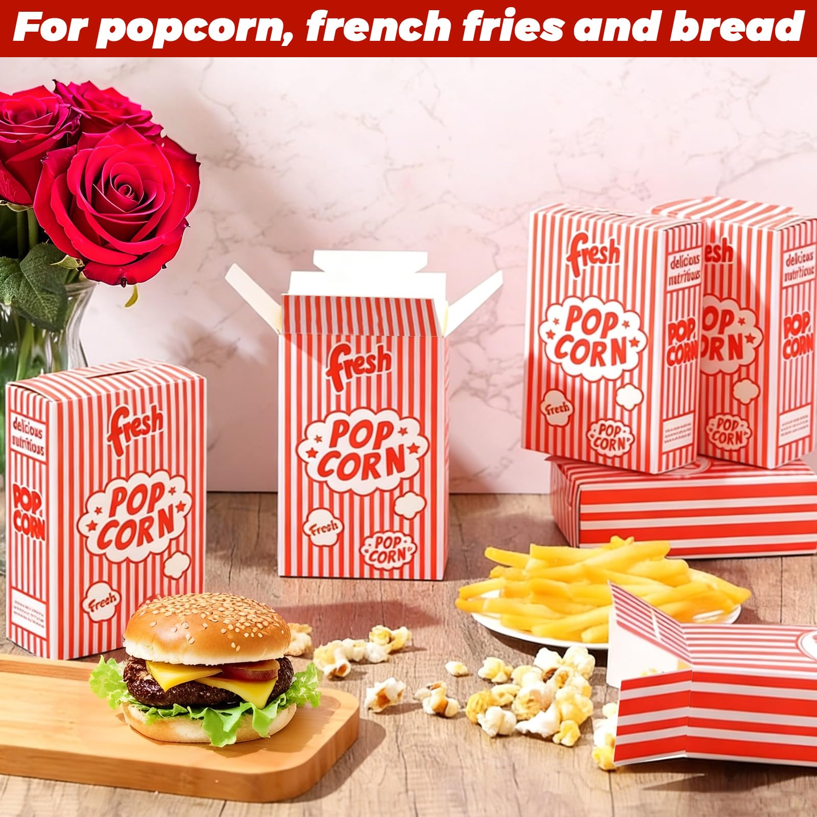 200 cajas desechables de papel para palomitas de maíz, 5 x 12 x 19 cm, bolsas de maíz a granel, porciones individuales, recipientes de palomitas de maíz a rayas rojas y blancas para fiestas
