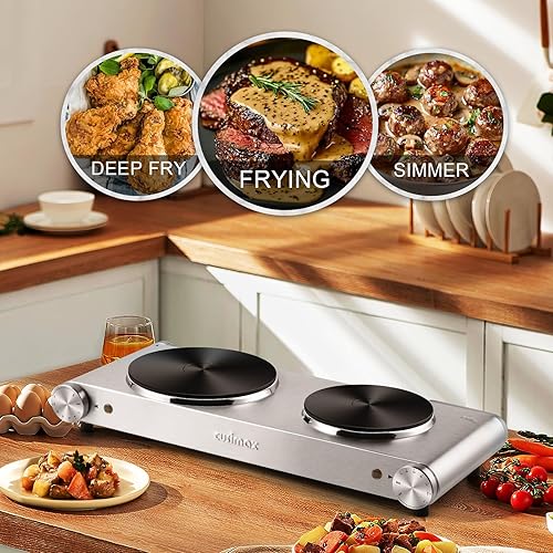 Miniatura 4 de CUSIMAX Placa caliente eléctrica, quemador doble de 1800 W, Placas calientes de hierro fundido para cocinar, Estufa portátil de encimera de control