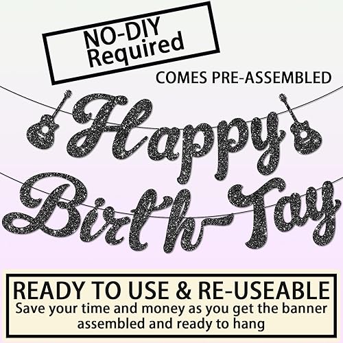 Miniatura 5 de Decoraciones de cumpleaños con texto en inglés Happy Birth-Tay, pancarta de cumpleaños sin bricolaje, decoración negra con purpurina para fiesta de