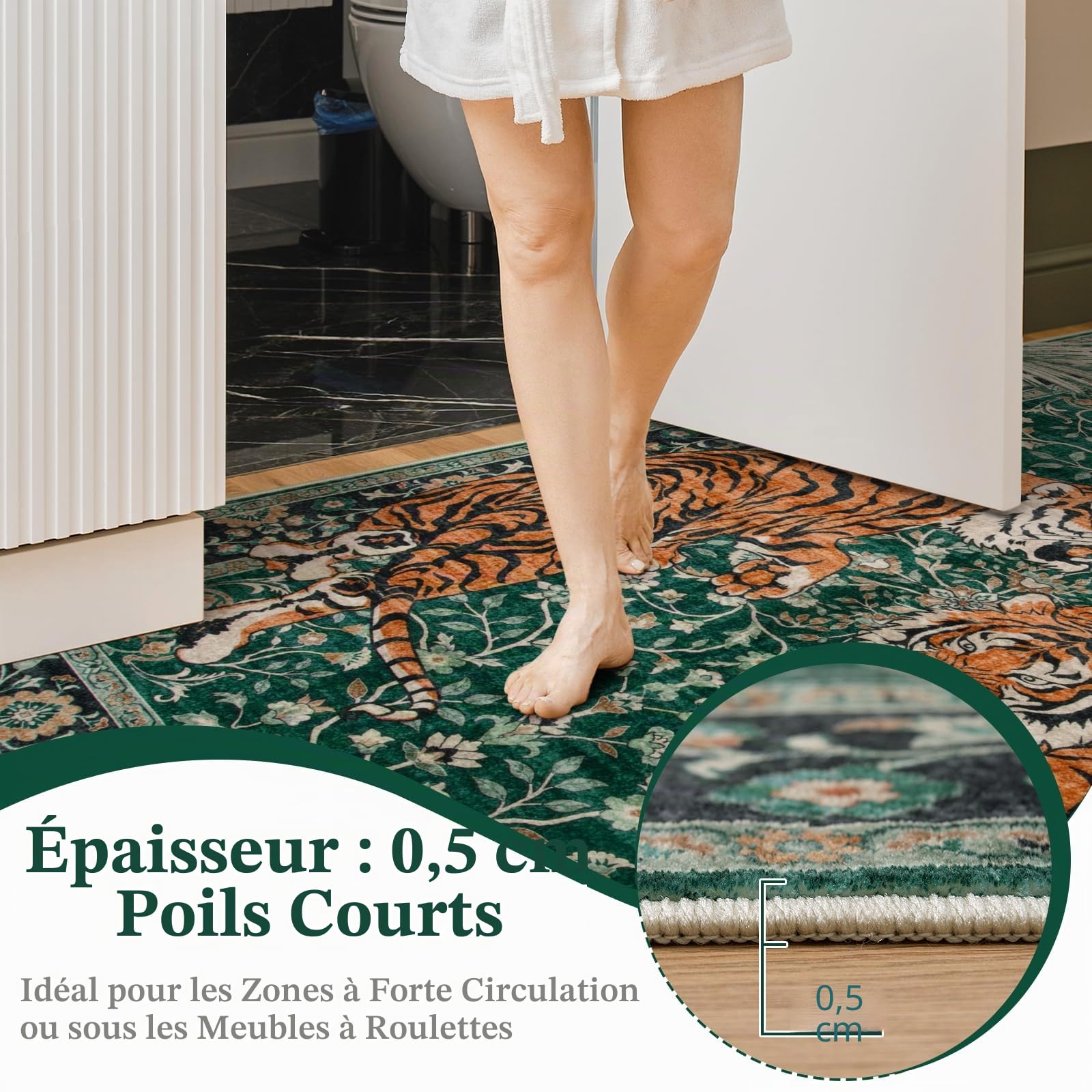 Moynesa Tiger – Tapis bohème Lavable pour Salon, Chambre à Coucher, Tapis Vert Ultra Fin, Vintage, résistant aux Taches, pour Bureau, Salle à Manger