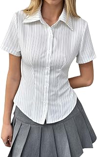 Aahwan White Solid Button-Down Striped Print Casual Short Sleeve Shirt for Women's & Girl's Price In India