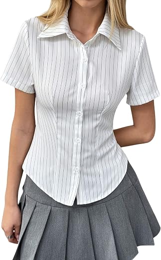Aahwan White Solid Button-Down Striped Print Casual Short Sleeve Shirt for Women's &amp; Girl's