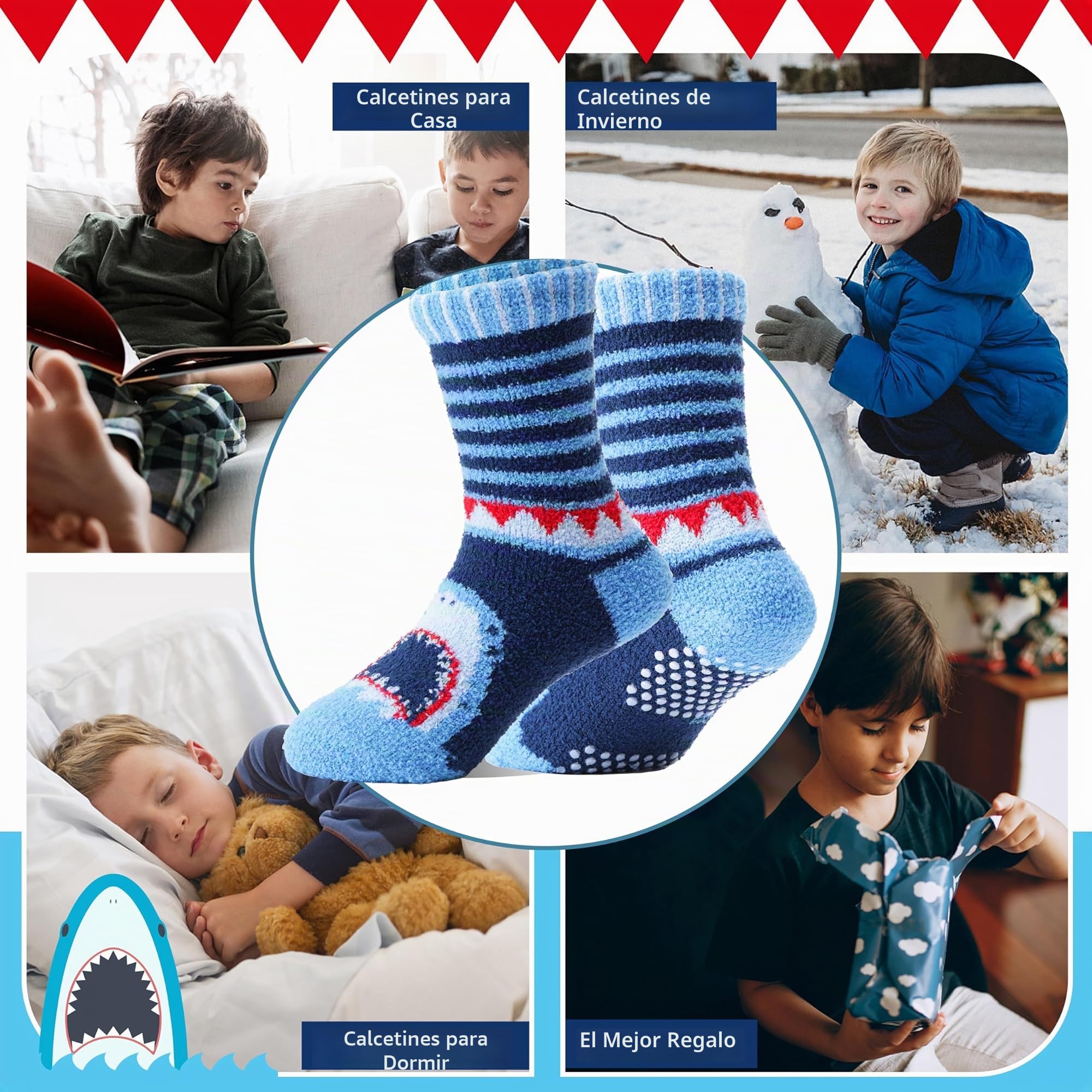 Welwoos 6 Pares Calcetines Antideslizantes Termicos Niños, Calcetines Divertidos Antideslizantes Invierno Transpirable para Niños Tallas 22-34