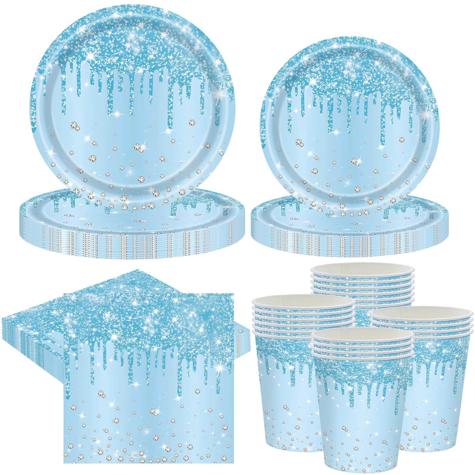 80 Pcs Blue Diamond Party Tableware Set, Blue Paper Plates Cups and Napkins for 20 Guests, Sparkling Birthday Party Supplies for Boys Girls, Baby Shower Wedding Table Decorations