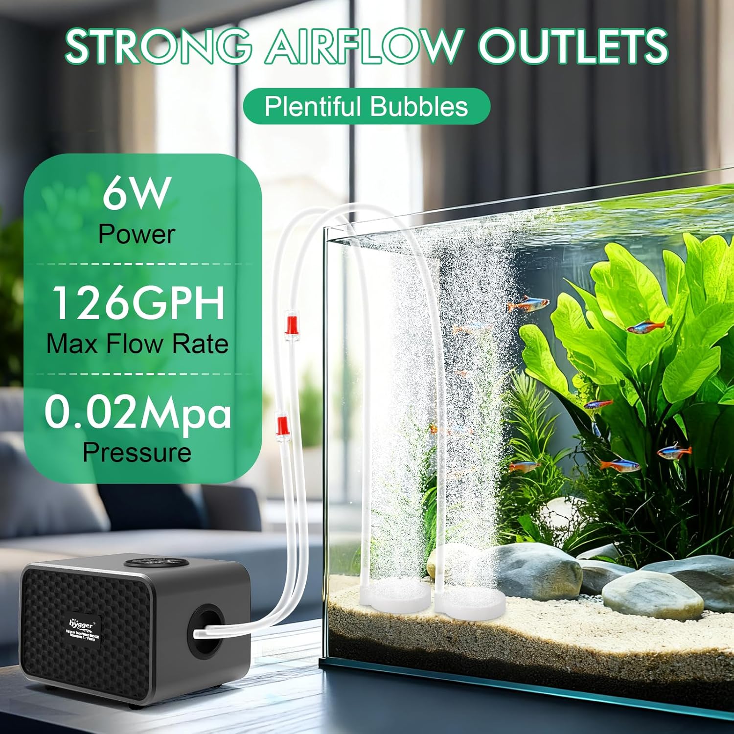 hygger Aquarium Air Pump, USB Rechargeable Battery Powered Fish Tank Air Pump 6W/10W with LCD Display Dual Outlets, Adjustable Aerator for Fish Oxygen Pump for 5-200 Gallon Tank