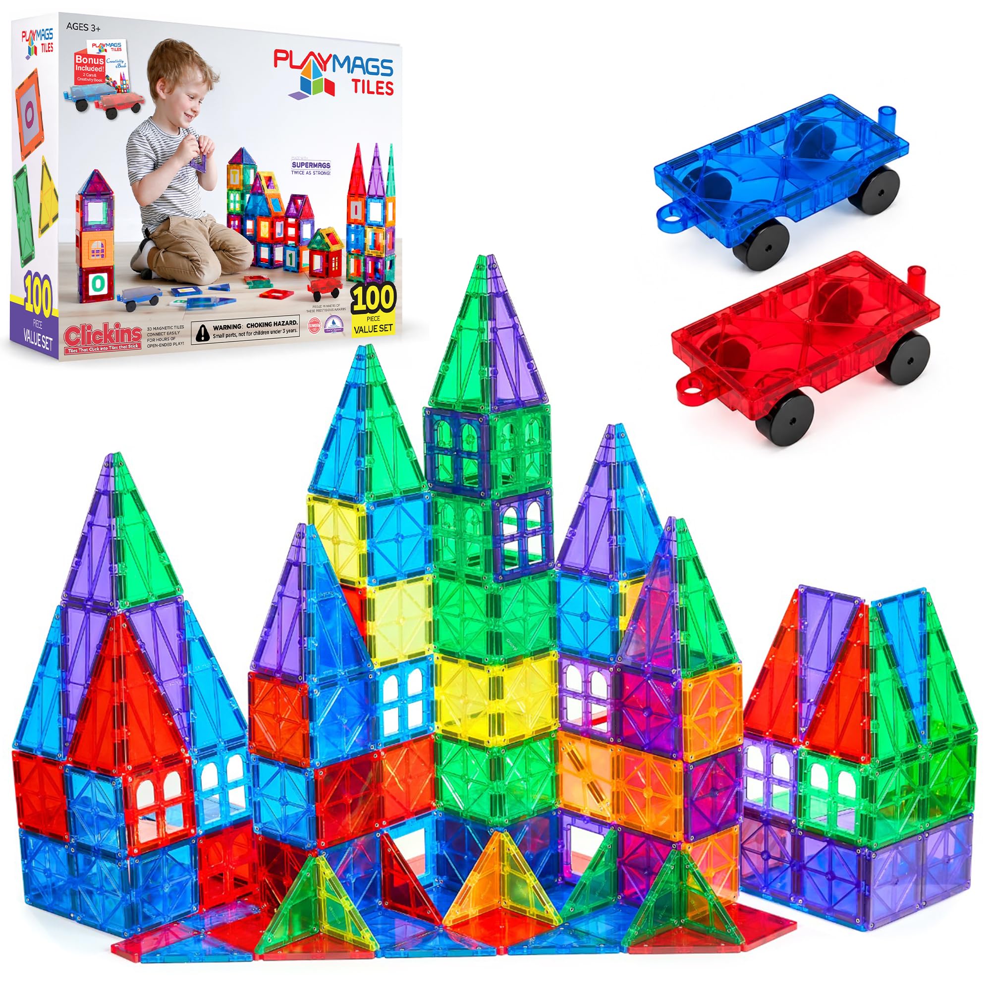 Magnetic Tiles for Kids 100-Piece Set, STEM Educational Building Blocks, Includes 2 Cars & Click-in ABC Learning Tiles, Gift for Boys & Girls, Magnetic Figures & 2 or 4 Car Set Add-Ons Available