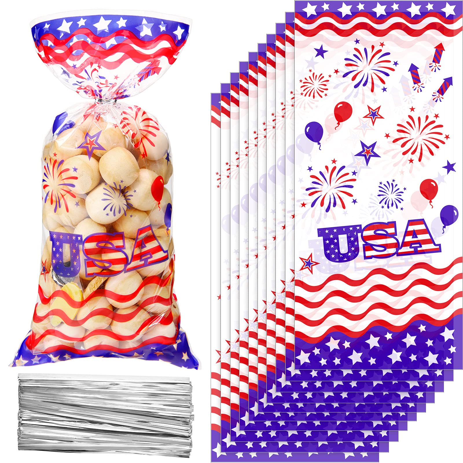 Outus 100 Pcs Patriotic Cellophane Treat Bag Bulk Memorial Day 4th of July Candy Goodie Gift Bag USA Red Blue Star Candy Plastic Cello with 100 Twist