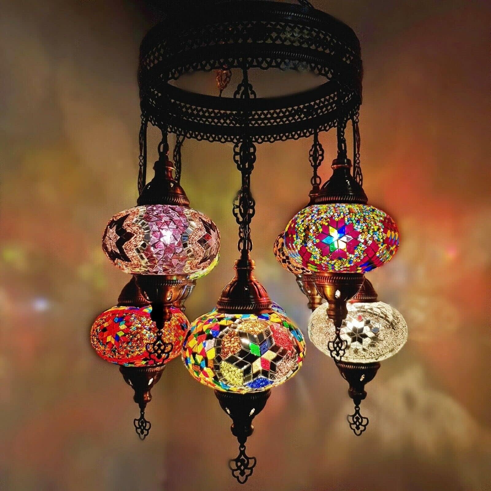 Handmade Turkish Moroccan Arabian Eastern Bohemian Tiffany Style Glass Mosaic Colourful Ceiling Hanging Chandelier Lamps Home Decor [Energy Class A+++]