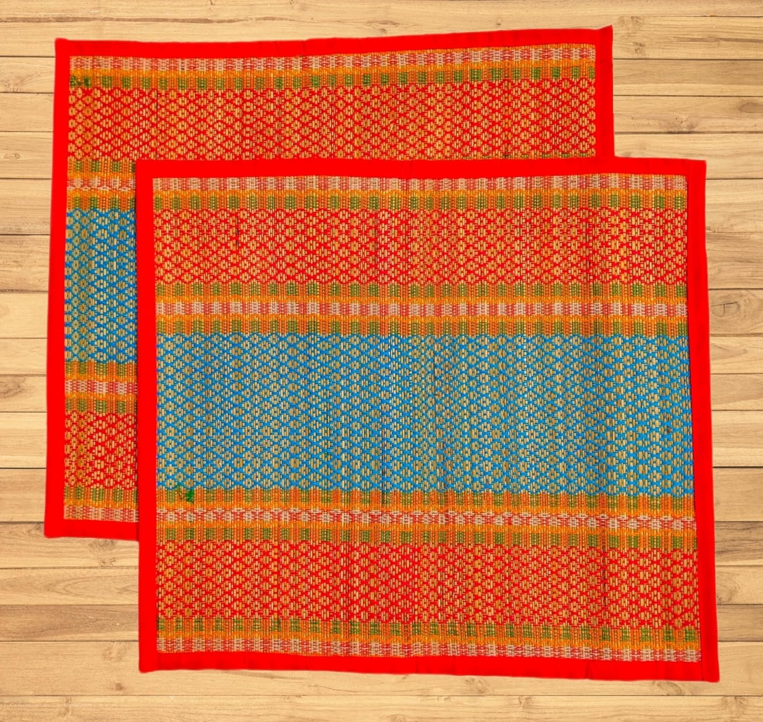 ORRIC Floor Mats 18x18 Inches Natural Fiber/River Grass/Madurkathi Handcrafted Pooja Floor Mats/Sitting Mat/Meditation Prayer Mat/Chatai/Aasan Set of 2 (Red with Blue)-image-38