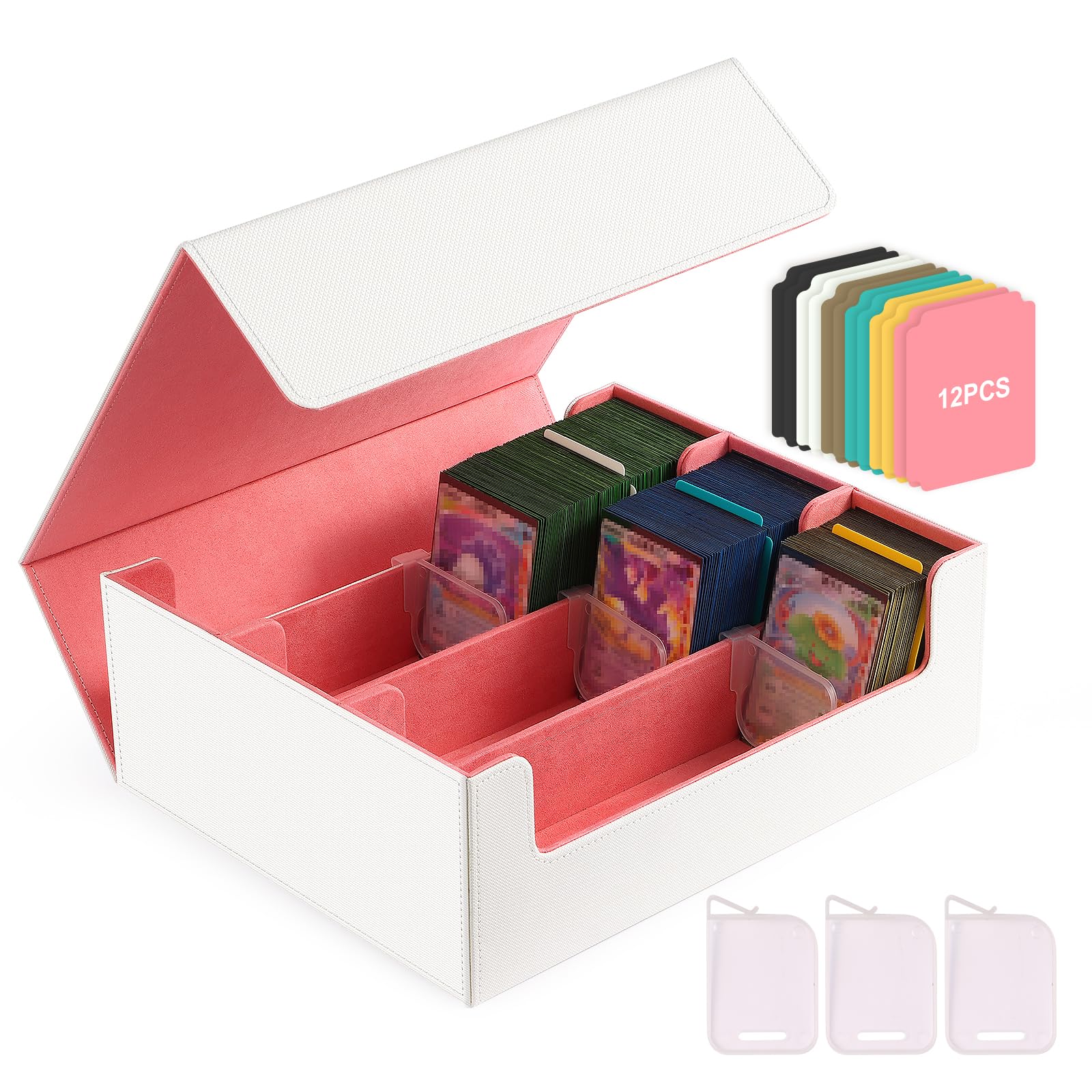 CLOKORIA Card Storage Box for Trading Cards,1800+ White PU Leather Commander Card Deck Case with 12 Dividers and 3 Supporters,Magnetic Closure Card Holder Fits YuGiOh,MTG and Sport Cards (White,3-Row)