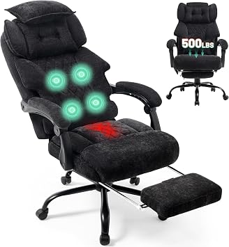Office Chair with Foot Rest,3D Kneading Massage & Heat Executive Office Chairs for Heavy People,500LBS Big and Tall Office Chair,Ergonomic Computer Gaming Chair,Home Office,Dual-Use Pillow,BlackCloth