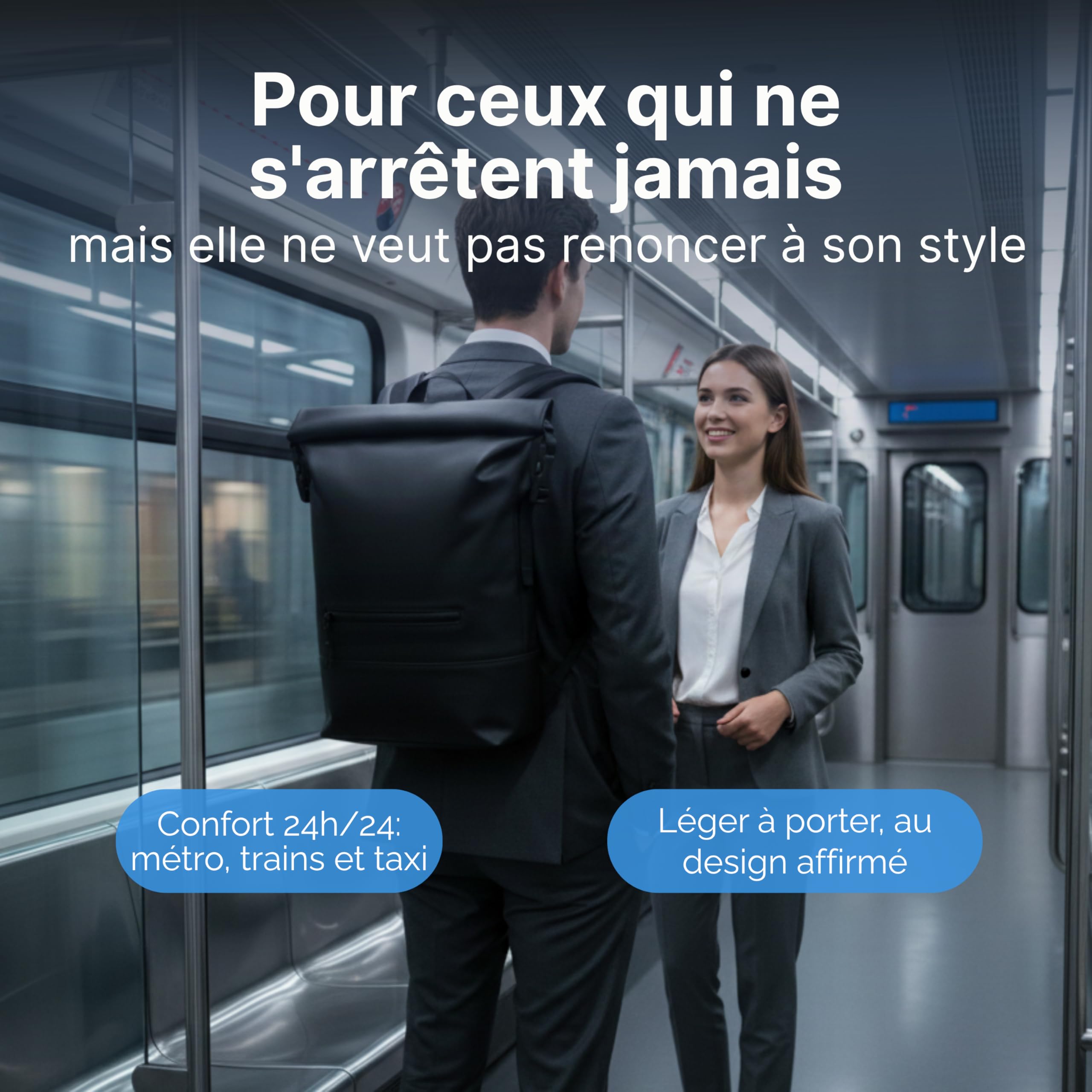 MASC Sac à dos Rolltop pour bureau, sac à dos de travail, porte-PC 17 pouces, élégant et imperméable, parfait pour homme et femme