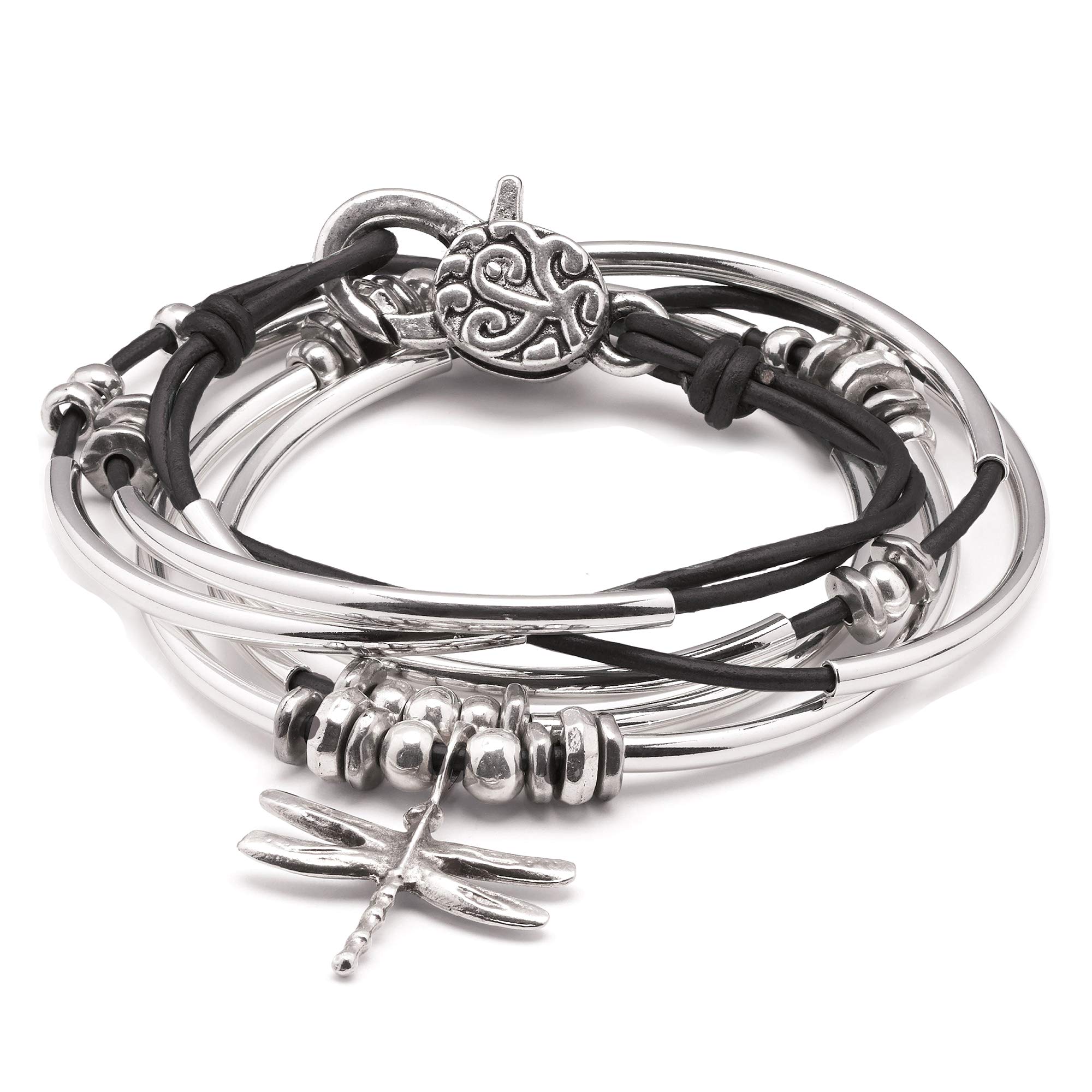Lizzy James Dragonfly Charm Natural Black Leather and Silver Plate Wrap Bracelet Necklace