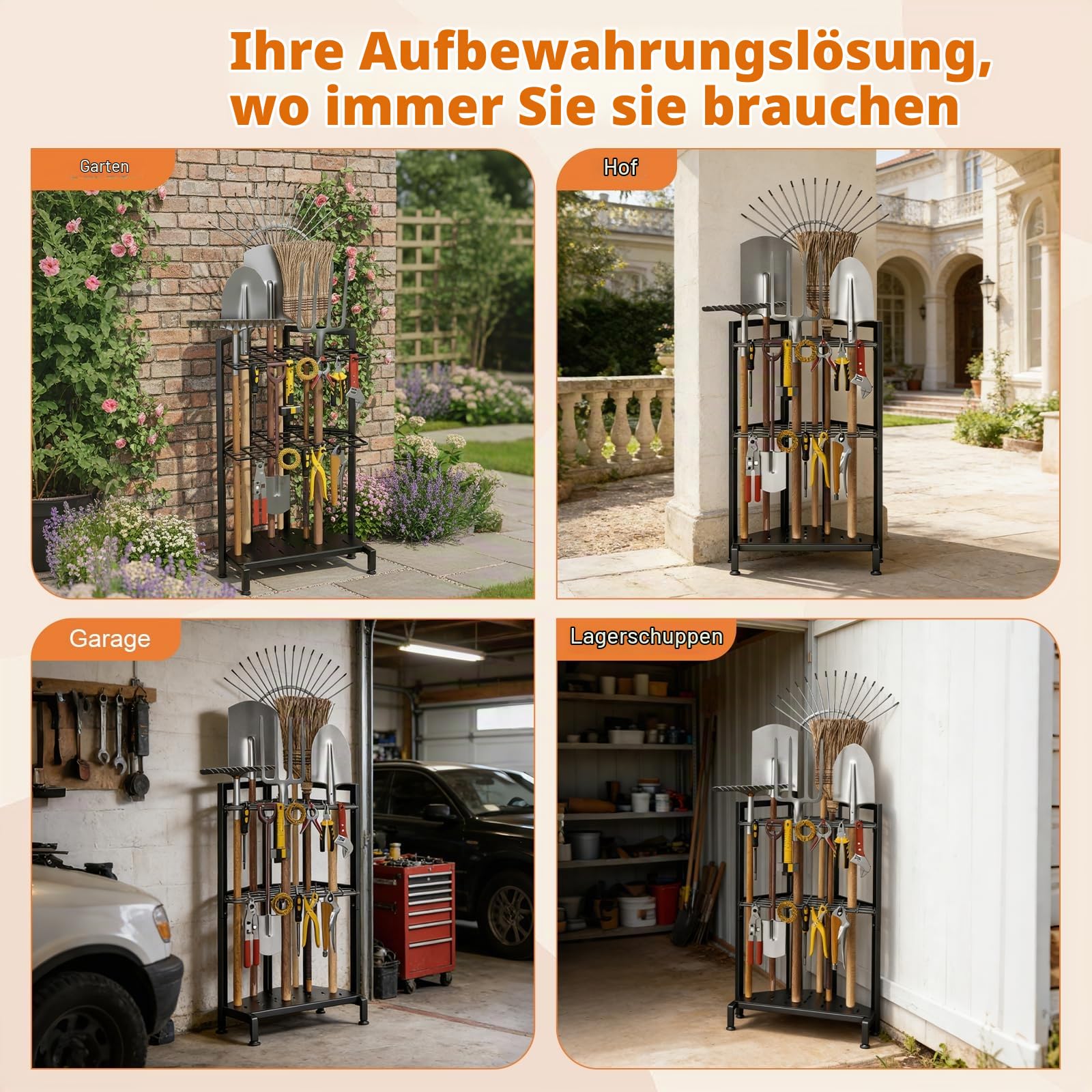 Gartengeräte-Organizer mit 3 Ebenen aus Metall, Lagerung für Schuppen, Gartengeräte mit langen Stielen, Rechen, Besen, Garage, Patio, Terrasse, Innen und Außen