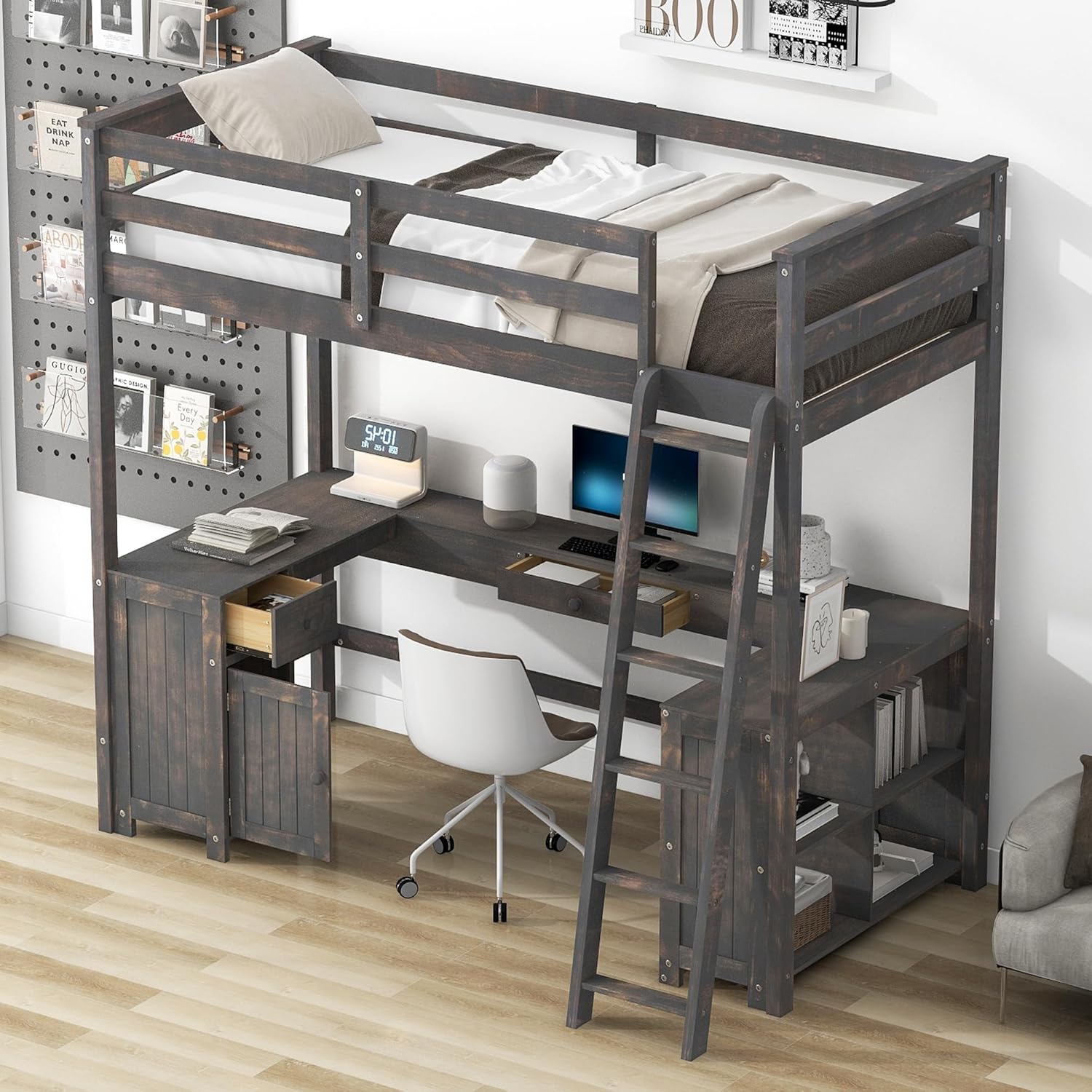 Merax Twin Size Loft Bed with U-Shaped Desk, Drawers and Storage Shelves, Antique Brown