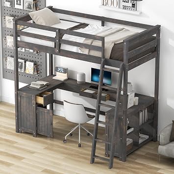 Linique Twin Size Loft Bed with U-Shaped Desk, Drawers and Storage Shelves,Wooden Loft Bed Frame for Teens,Adults,Antique Brown